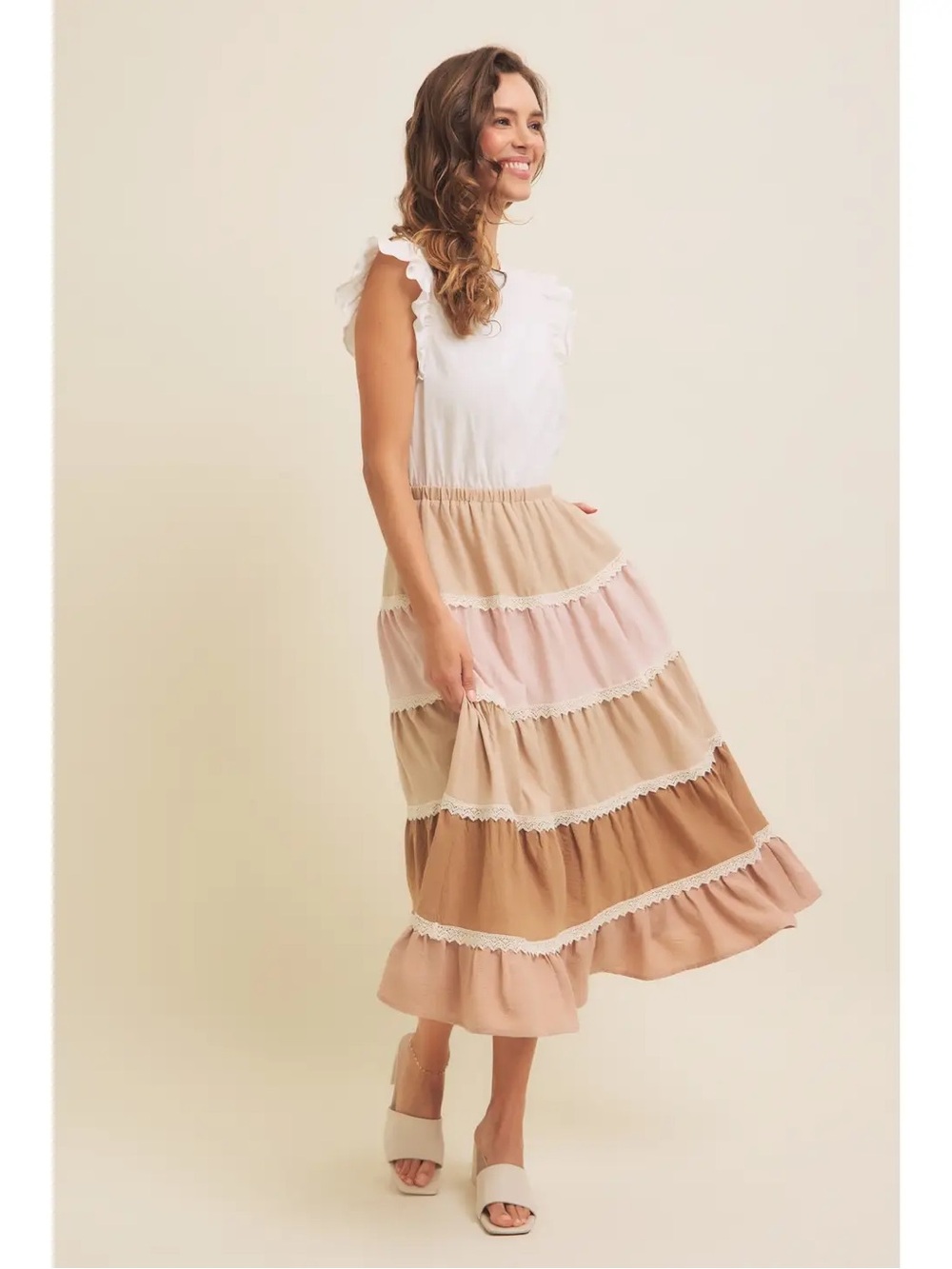 (208) Vanilla Latte Tiered Color-Block Lace Ruffle Midi Dress - L - NWT - Picture 4 of 4
